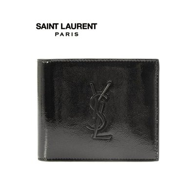 Saint Laurent Paris YSL (黑色×立體金屬黑色LOGO) 亮面真皮短夾 皮夾 錢包 中性款｜100%全新正品