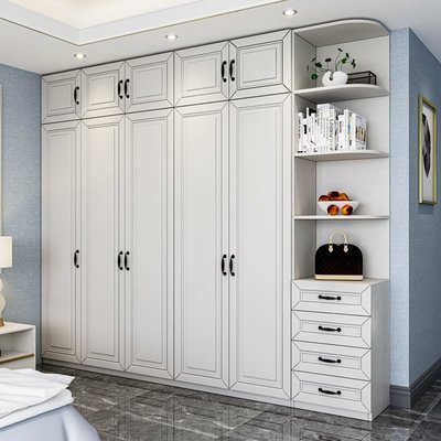 現貨熱銷-簡約現代衣柜家用臥室實木質板式柜子整體組合四五門大衣櫥免安裝