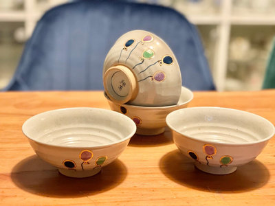 日本中古芝麻釉上彩四只小碗帶原盒包裝