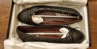 【便宜出清】法國 Chanel 香奈兒 黑色 經典款 雙C logo 菱格紋 蝴蝶結 芭蕾 平底鞋 娃娃鞋 37.5碼