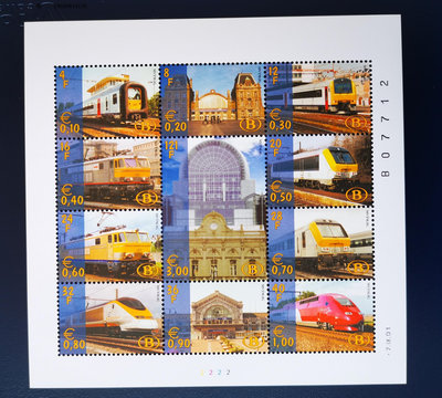 郵票比利時郵票2001年火車郵資小版張1全新外國郵票