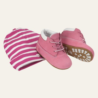 美國AMPM  Timberland 天柏嵐/踢不爛 新款 9680R 粉紅色嬰兒帽學步鞋靴禮品組