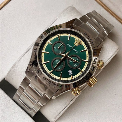 VERSACE Chrono Classic 綠色面錶盤 銀色不鏽鋼錶帶 石英 三眼計時 男士手錶 VEV700721