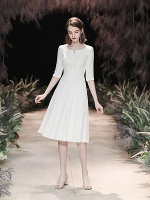 快速到貨 白色小晚禮服夏季平時可穿宴會氣質法式洋裝洋裝主持人緞面禮服