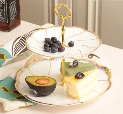 歐式 時尚典雅雙層點心盤 蛋糕盤下午茶盤 陶瓷描金花朵歐風擺盤 水果盤裝飾盤餐盤小物盤