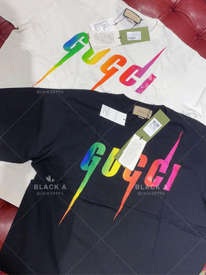 【BLACK A】Gucci 23男裝新款 彩色漸層閃電印花短袖T恤 黑色/白色 價格私訊