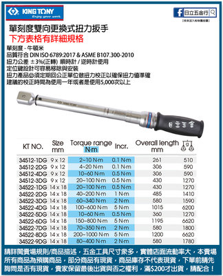 EJ工具《附發票》34512-3DG 34522-1DG 台灣製 KING TONY 單刻度雙向更換式扭力扳手 Nm