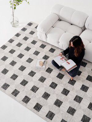 【熱賣精選】【古臻】2022新款黑白格子中古風客廳地毯復古輕奢高級感日式侘寂，
