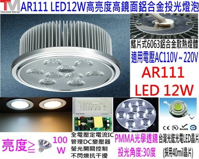 12W AR111 LED 高鏡面全鋁合金 燈泡 崁燈 軌道燈 投射燈 實體店面 公司貨 保固1年 全電壓