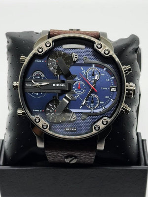 DIESEL MR.DADDY2.0 藍色錶盤 棕色皮革錶帶 石英 三眼計時 男士手錶DZ7314