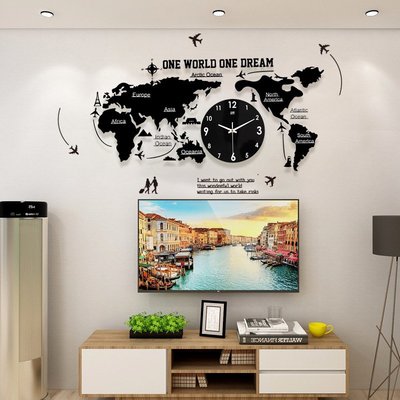 時鐘世界地圖掛鐘亞克力創意客廳鐘表歐式家居裝飾時鐘亞馬遜