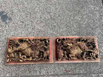清代 老台灣 原礦物彩鎏金 麒麟雕刻 一對 很稀少