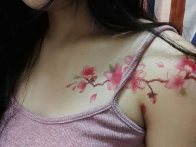 【萌古屋】Z臂肩頸粉紅櫻花枝條 - 男女防水韓風簡約紋身貼紙刺青貼紙K32