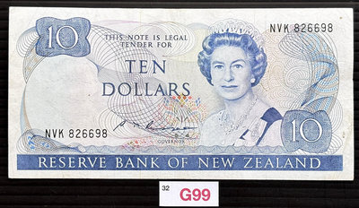 【週日21:00】32~G99~紐西蘭1981年10元紙鈔1張，多折如圖