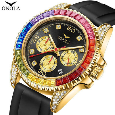 【現貨】ONOLA ON6842G 時尚 炫酷 七彩水晶錶盤 石英男士手錶 20   防水矽膠帶 百