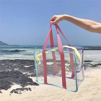 促銷打折 韓國夏季奶油色大容量PVC游泳透明防水沙灘包單肩包收納包洗漱包