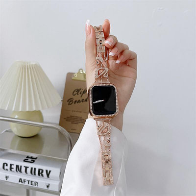 氣質天鵝鑲鑽手鍊套裝適用Apple watch金屬錶帶+錶殼蘋果S8/7ultra 41/45/49mm女