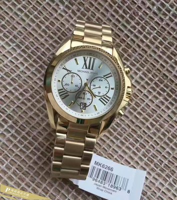雅格時尚精品代購Michael Kors 經典手錶 金色金錶 銀白面盤 男錶女錶 多功能腕錶 MK6266