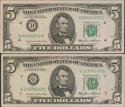 [亞瑟小舖]1985年美國總統林肯 5 Dollars美金(綠徽)2張,8成新無折!!!