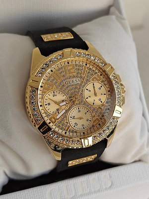 GUESS Lady Frontier 水鑽圈 金色錶盤 黑色矽膠錶帶 石英 女士手錶 W1160L1