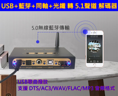 (擴大機的救星) 高階 USB+藍芽+光纖+同軸 轉 5.1聲道 音頻解碼 解碼器 DTS  AC3功能 支持 耳機輸出