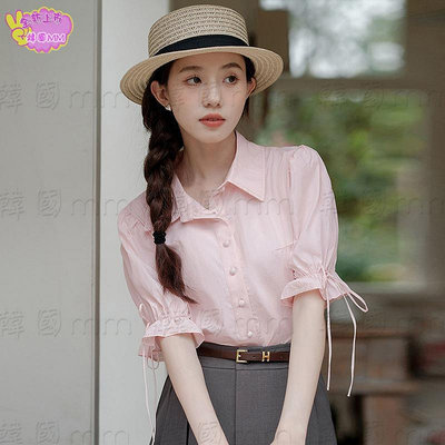 韓國MM =粉色短袖襯衫女夏季 法式新款設計感泡泡袖上衣文藝風甜美襯衣