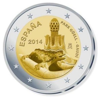 【熱賣精選】西班牙 2014年 世界遺產 高迪的奎爾公園 2歐 雙金屬 紀念幣 UNC