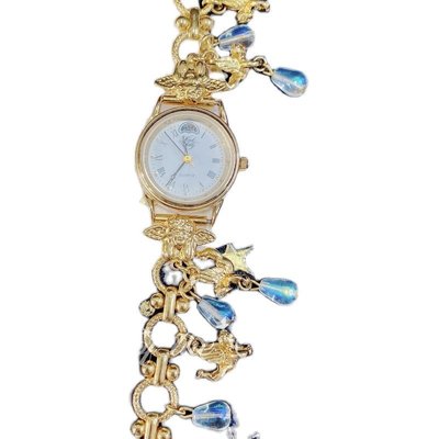 家居 古董Kirks Folly  vintage 進口古董 幻彩水晶小天使金色手鏈表手表-亞得賽克