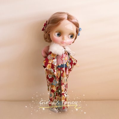 Blythe 振袖和服系列-紅櫻【まるこ手工縫製小布娃娃衣服】