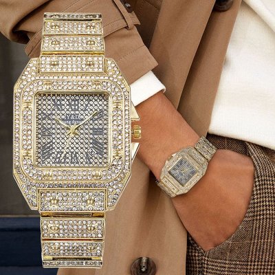 300KLAB手表特惠嘻哈說唱男款滿鉆水鉆英表帶日歷時尚鋼帶手表