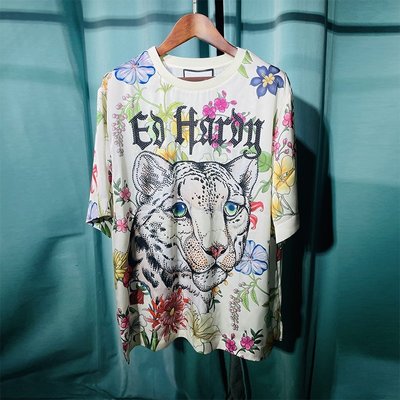 亞軒潮店 潮款現出Ed Hardy 2021新款白虎滿花絲質女士粉色T恤寬松中長款短袖