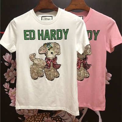 亞軒潮店 潮款現出Ed Hardy 新款潮牌老虎頭刺繡亮片小綿羊女純棉短袖T恤運動情侶裝