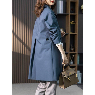 【現貨精選】風衣 外套 夾克 大衣 H4477 藍色風衣外套女秋季2022新款韓版時尚休閒寬鬆中長款大衣  HC