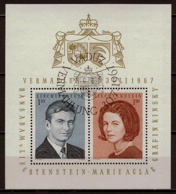 惠泉古錢幣收藏（可議價）列支敦士登早期郵票。1967年 漢斯-亞當王子結婚志喜。小全張蓋銷