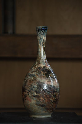 「上層窯」鶯歌製造 黃明漢作品 抽象山水 彩繪花瓶 瓷器 A1-18