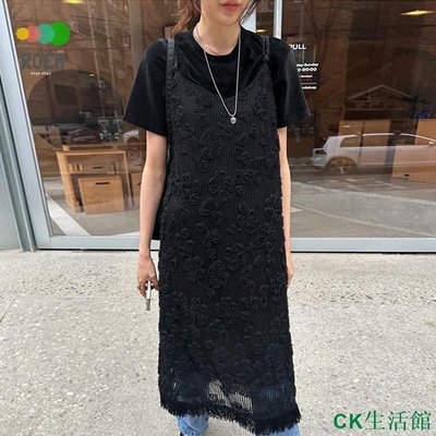 CK生活館ROVE[輕奢高級]韓國chic夏季新款法式復古方領露鎖骨立體花朵寬鬆流蘇吊帶洋裝洋裝