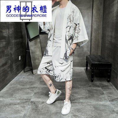 2022夏季新款青年时尚中国风休闲套装男印花云霄和服大码两件套-男神的衣櫃