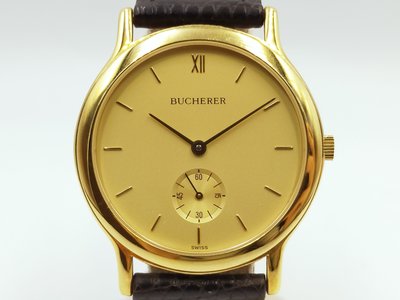 【發條盒子K0064】BUCHERER寶齊萊 金面手上鍊鍍金 6點小秒針 經典皮帶錶款 7001.504
