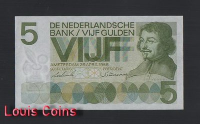 【Louis Coins】B1155-NETHERLANDS-1966荷蘭紙幣,5 Gulden