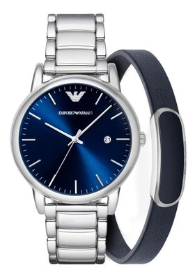 《Vovostore》Emporio Armani 藍底不鏽鋼鍊錶+藍色皮革手環組**附購證、保証書**(6000含郵)