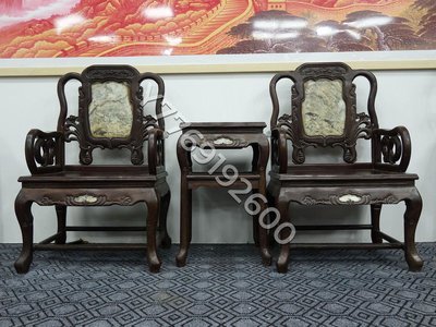 舊藏老檀木精工雕刻鑲嵌天然云石  太師椅L（三件套）尺寸：椅子長70cm寬55cm高110 舊藏 古玩 老物件-225812