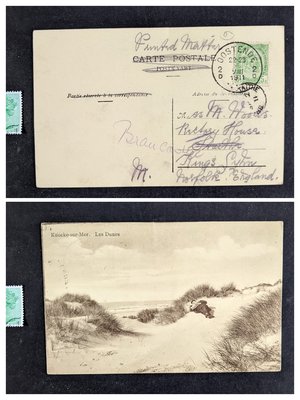 比利時1911年代「111年前明信片 諾克沙丘、旅人」實寄