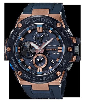 【金台鐘錶】CASIO卡西歐G-SHOCK 智慧藍牙連線系列 玫瑰金錶殼搭配黑色錶盤 GST-B100G-2A