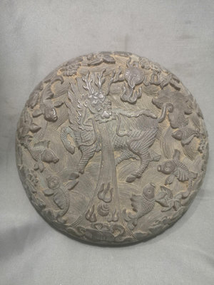 日本回流銅器擺飾浮雕手繪麒麟紋魚紋擺飾銅板盤蓋，純銅重786