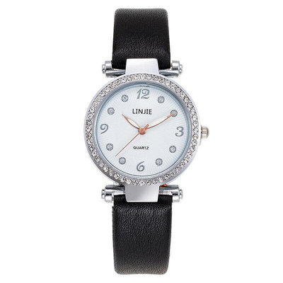 wish新款手錶女士皮帶手錶 鑲鉆奢華數字面時裝腕錶 現貨