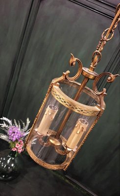 【卡卡頌  歐洲古董】?法國百年老件 高工藝  純銅雕刻  雙燈  圓柱玻璃 小吊燈  古董燈 l0350