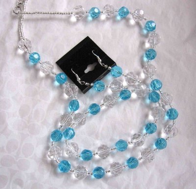 【戴大花2】Vintage飾品- 透光水藍色系 奧地利水晶珠 三件式 項鍊＋手環＋針式耳環 精緻套組 #A2