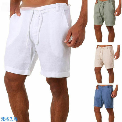 男士夏季短褲亞麻棉沙灘短褲男士透氣薄短褲輕便抽繩短褲
