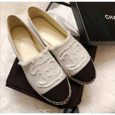 CC二手  99新Chanel Espadrilles CC 鉛筆鞋 黑白帆布款 牛仔布 漁夫鞋 保證正品