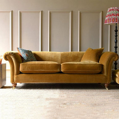 法式復古絲絨布姜黃色沙發美式vintage風設計師民宿直排三人沙發-滿300寄出